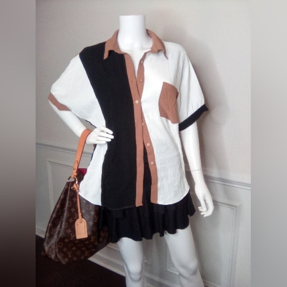 Colorblock Women's Shirt - Black, White, and Brown - Picture 11 of 16